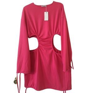 NWT Glamaker Hot Pink Medium Cut Out Waist Long Sleeve Sweatshirt Dress